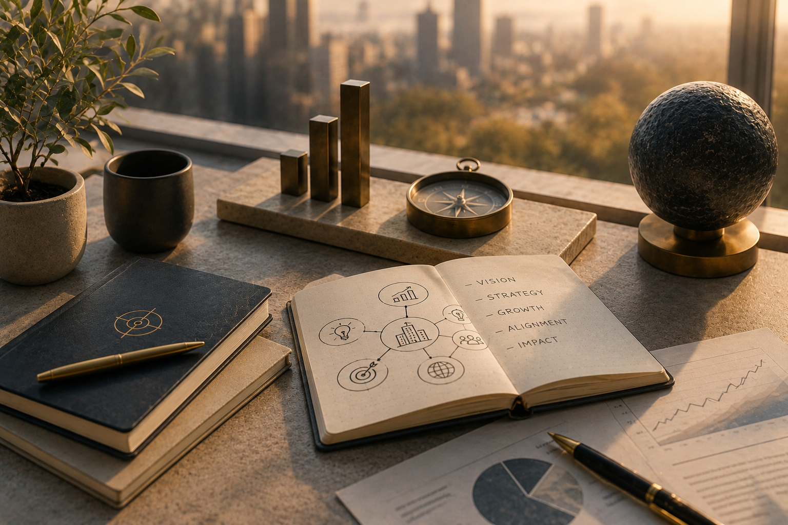A workspace with notebooks, a pen, and documents with graphs and charts on a marble desk. The open notebook has a diagram and a list including 'vision,' 'strategy,' 'growth,' 'alignment,' and 'impact.' There is a desktop globe, a compass, and floor-to-ceiling windows showing a cityscape at sunset.