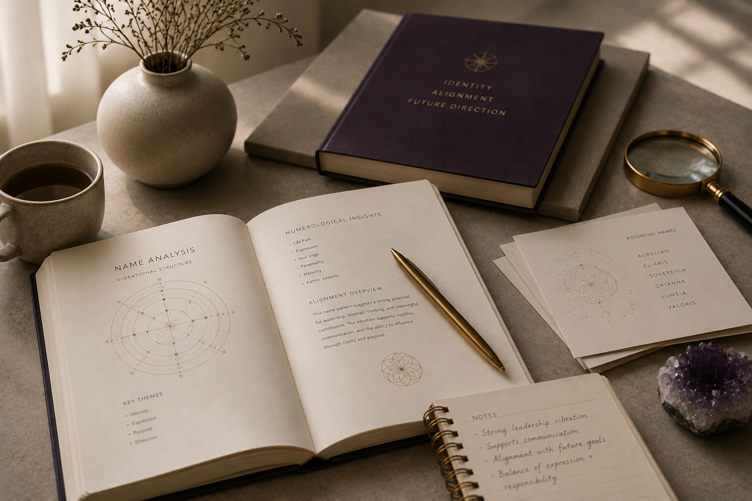 Open book with numerology analysis, cup of coffee, vase with dried plants, notebooks, magnifying glass, and purple crystal on a desk.