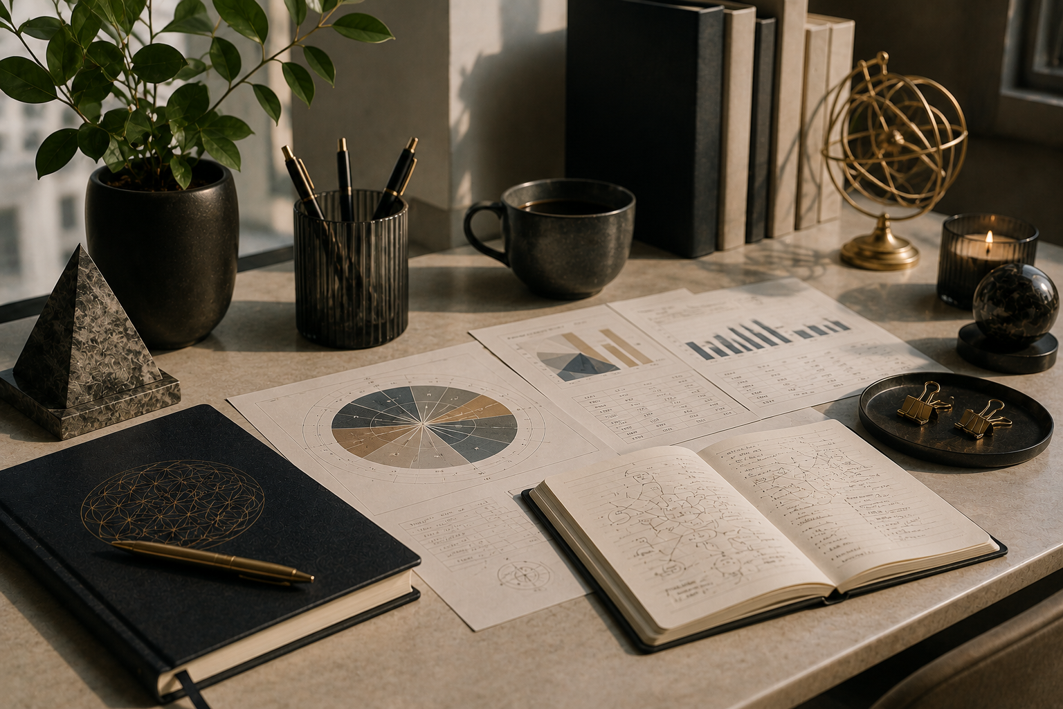 A desk with various charts, graphs, a notebook, a pen, a plant in a black pot, a mug of coffee, decorative objects, and office supplies arranged on it.