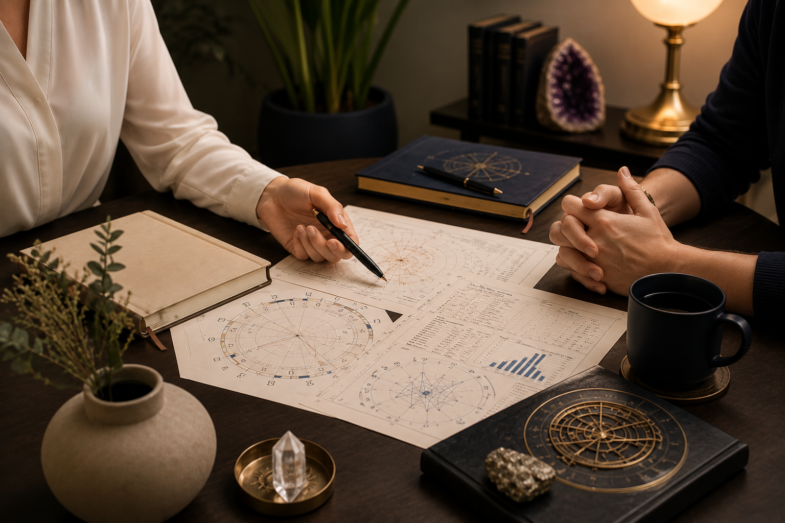 Two people sitting at a desk covered with astrological charts and notes, engaged in a discussion, surrounded by books, a plant, a lamp, a cup of coffee, and decorative objects like crystals and astrology charts.