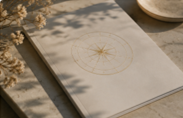A closed book with an ornate cover, placed on a table with some greenery nearby.