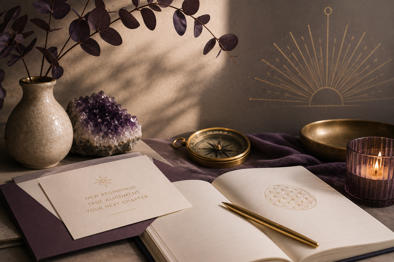 A desk setup with a beige vase holding purple leaves, an amethyst geode, a gold compass, an open journal with a geometric circle drawing, a gold pen, a candle in a purple glass holder, and a gold tray. A card on top reads 'New Beginnings, True Alignment, Your Next Chapter.' The background features a wall with a gold sunburst design.
