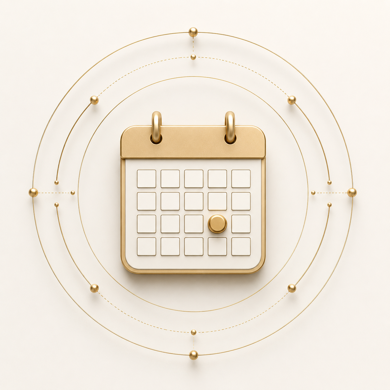 A decorative calendar icon in gold and white with a grid, surrounded by concentric circles with small gold spheres, on a light background.