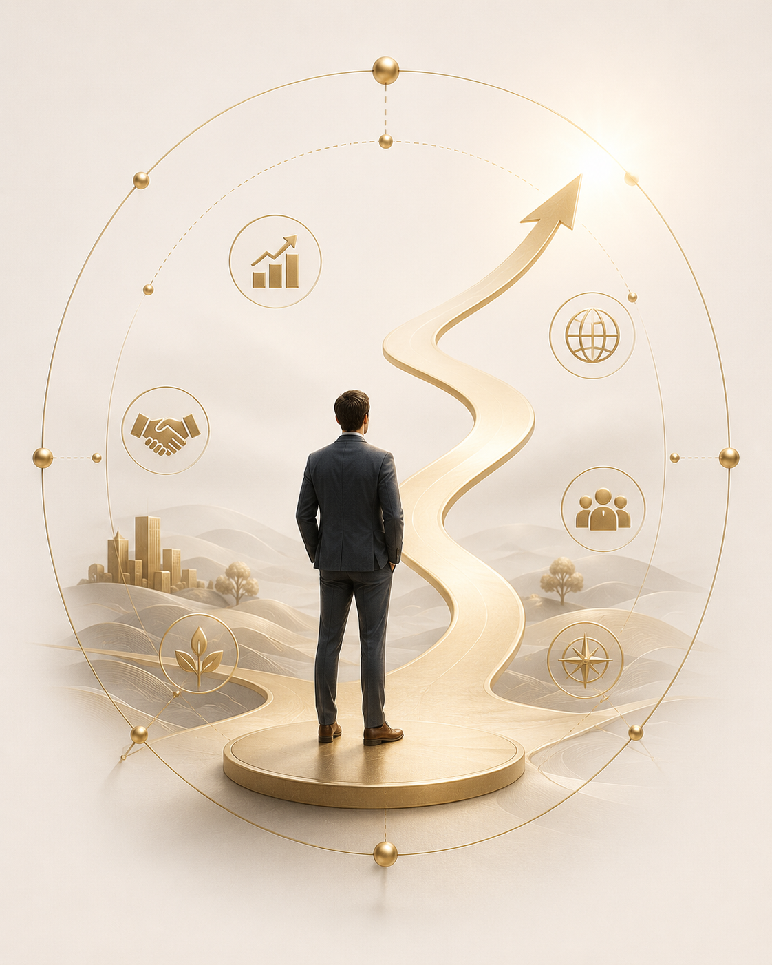 A man in a suit stands on a winding gold path that leads upward with an arrow at the tip. Surrounding him are icons depicting a bar chart, handshake, globe, group of people, plant, and compass, all in gold. The background is neutral, with a small cityscape and trees at the base of the path.