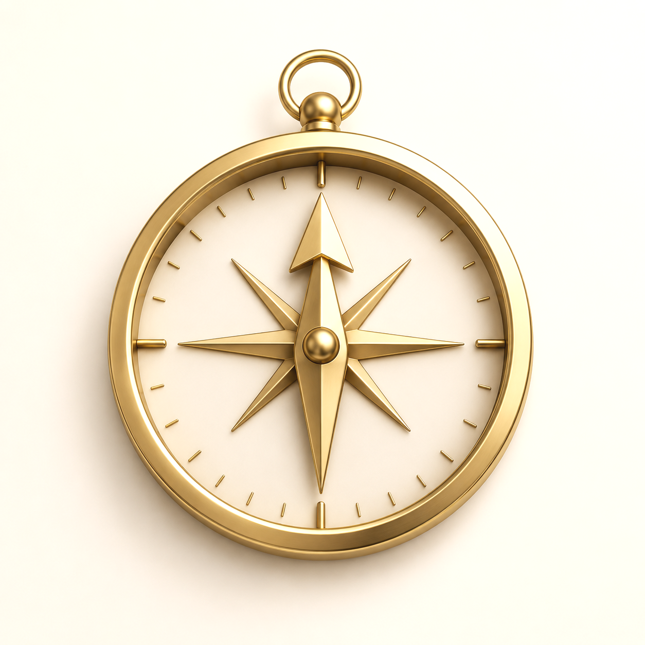 Gold compass with a white face, showing cardinal directions and a north arrow, on a light background.