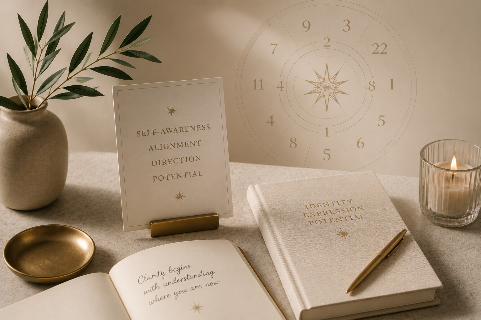 A beige table with a potted plant, a candle, a gold dish, and two books titled 'Self-Awareness Alignment Direction Potential' and 'Identity Expression Potential'. An open notebook has the quote 'Clarity begins with understanding where you are now.' A clock graphic is displayed on the wall behind the items.