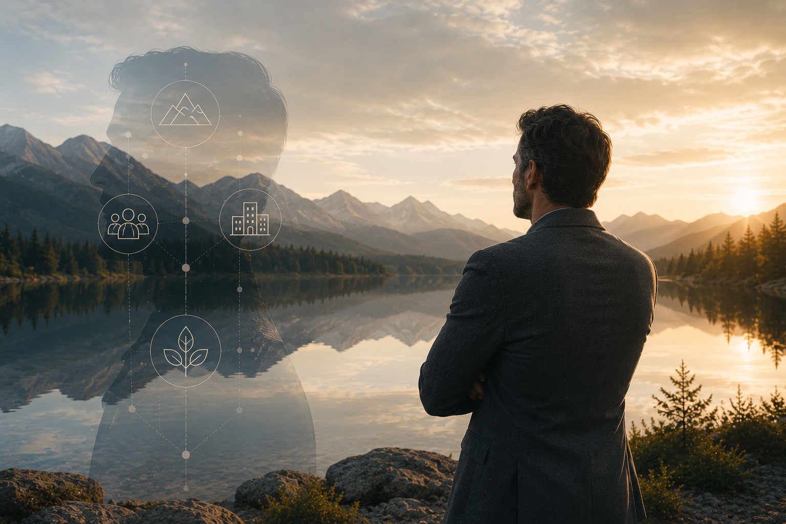 A man in a suit stands by a lake at sunset, with mountains in the background, and a semi-transparent overlay of icons representing mountains, a group of people, buildings, and a leaf.