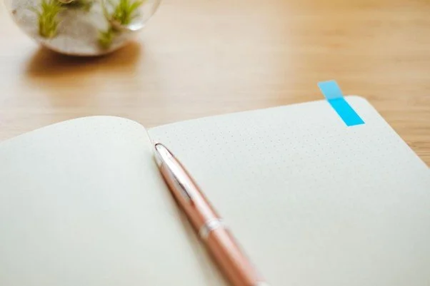 Open notebook with dotted pages, a rose gold pen resting on it, and a small plant in a white pot in the background.
