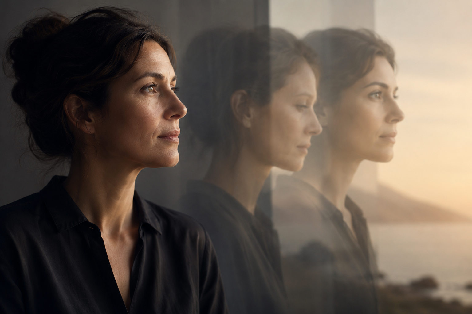 A woman with dark brown hair looking out a window, with her reflection visible on the glass, during sunset.