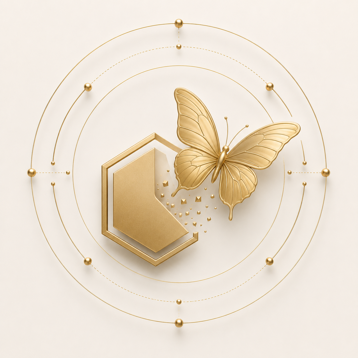 Golden butterfly and abstract geometric shapes with orbit-like circles on a cream background.