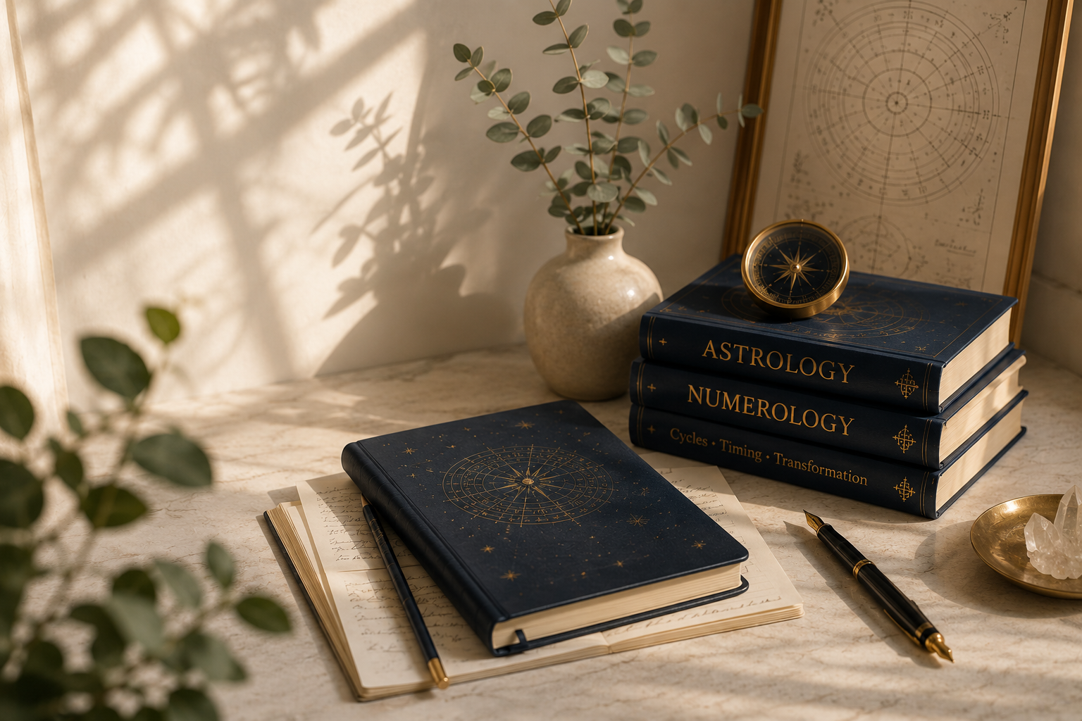 A study desk with astrological books titled 'Astrology' and 'Numerology', an open journal with a pen, a closed notebook with a celestial design, a pen, a small gold dish with crystals, a beige vase with eucalyptus branches, and a framed star chart leaning against the wall, illuminated by natural sunlight.