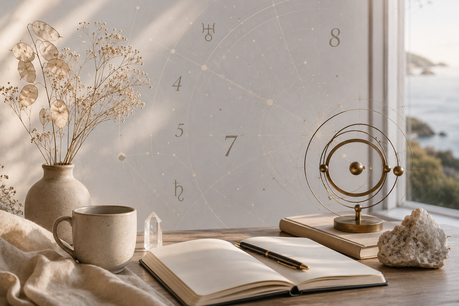 Decorative workspace with open notebook, pen, ceramic mug, clear crystal, dried flowers in a vase, celestial-style armillary sphere, and rocks on wooden desk near window with sea view