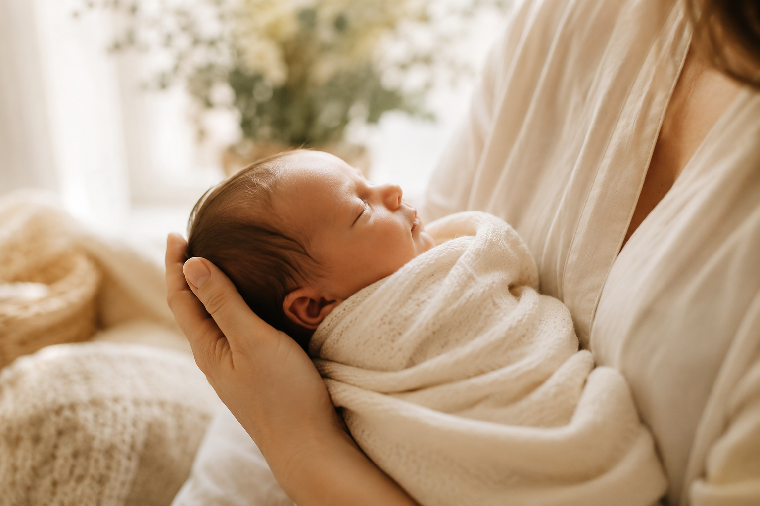 A woman gently holding a sleeping newborn baby wrapped in a cream blanket.