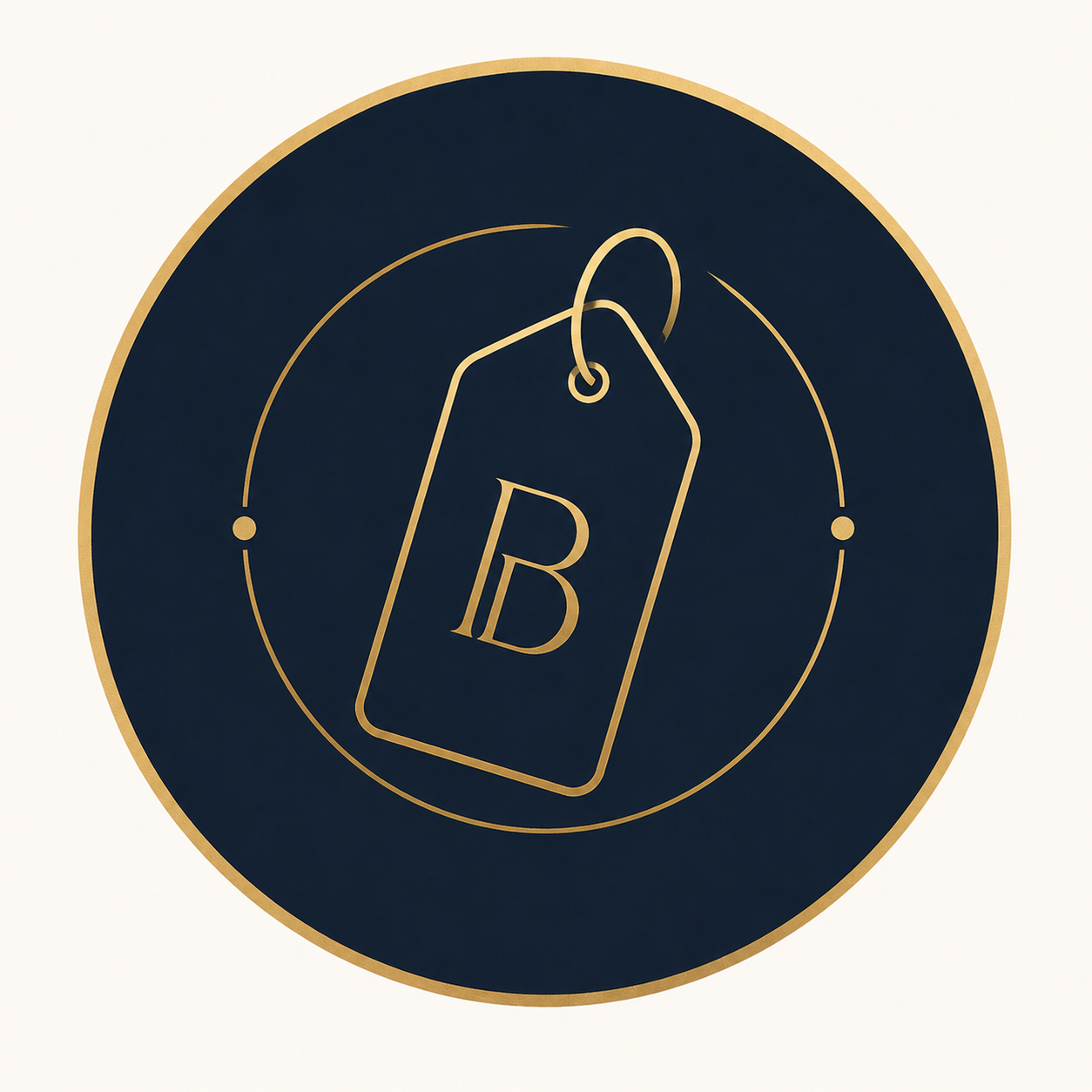 A circular logo with a black background and a gold border. Inside, a gold outline of a clothing price tag with the letter 'B' in the center.