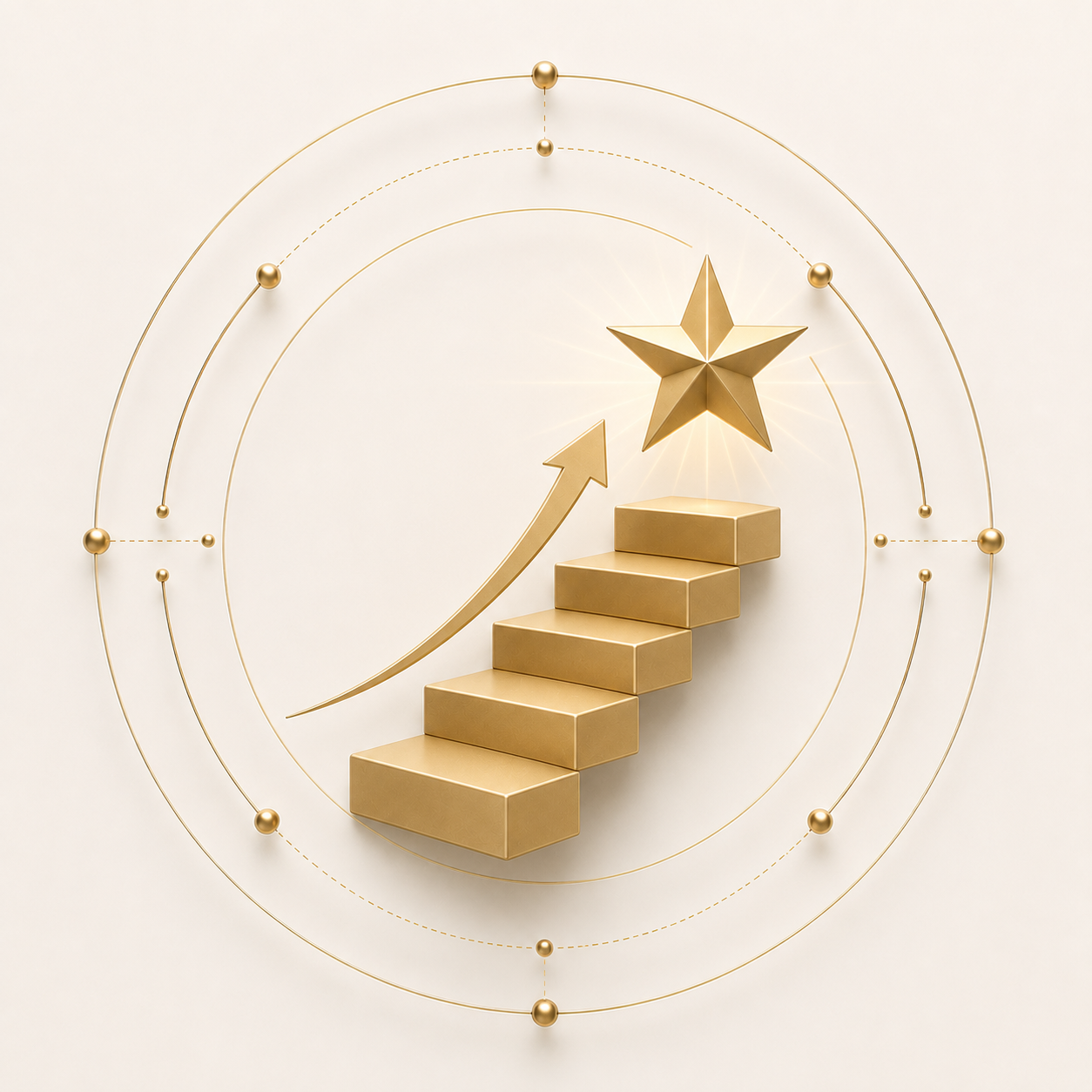 Gold 3D staircase ascending toward a shining gold star with an upward arrow and concentric circles with gold dots in the background.