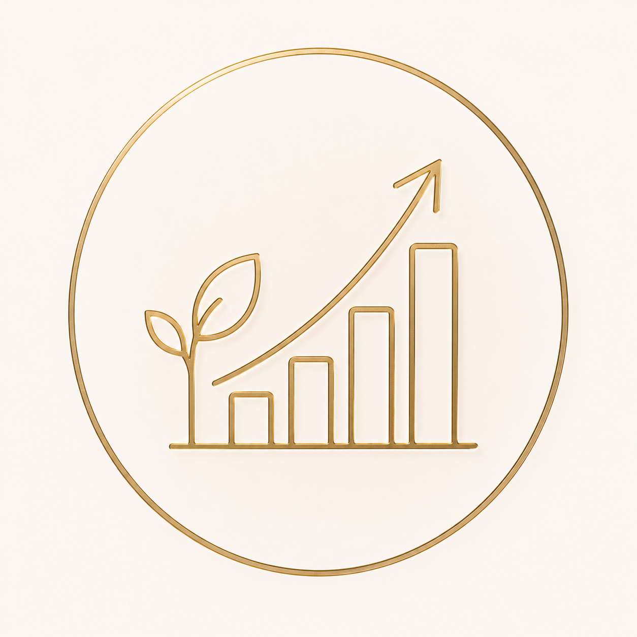 Gold outline of a bar graph with an upward arrow and a small plant, inside a circular border.