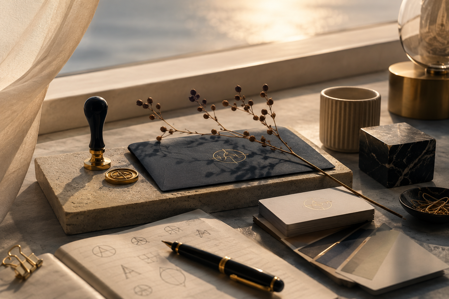 Desk with stationery and decorative objects, including a black pen with gold accents, a rubber stamp, a branch with small round berries, a notebook, sample color swatches, and geometric decorative objects in gold, brass, and marble, illuminated by natural sunlight.