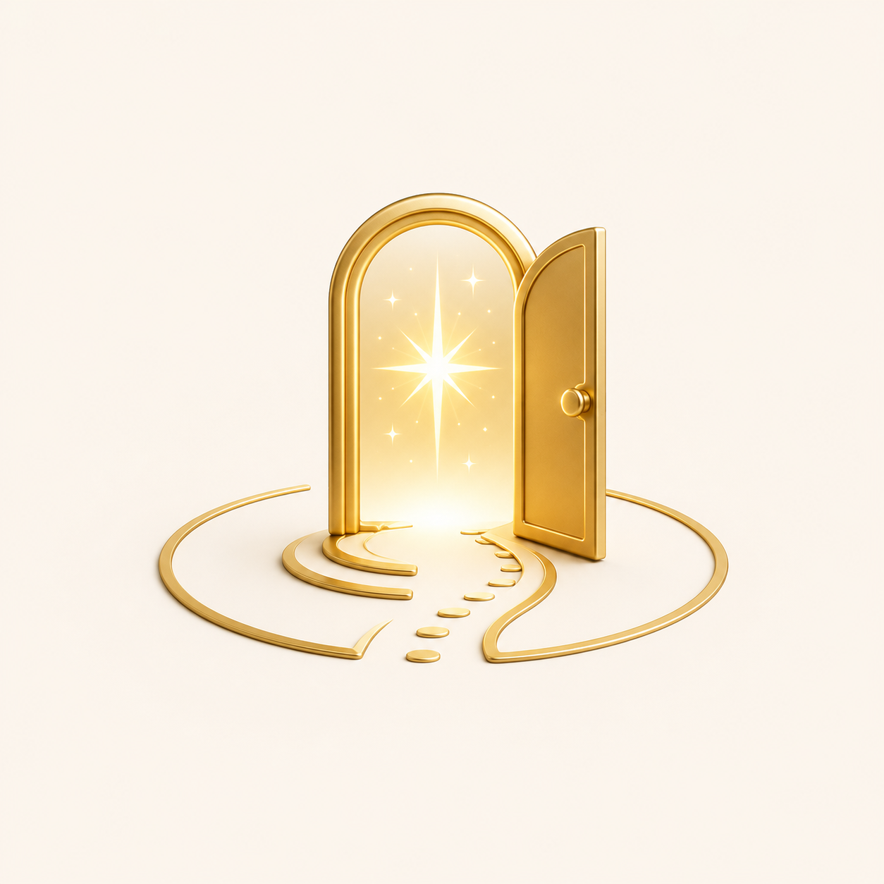 A golden door opens to a bright, glowing star in a magical, luminous space.