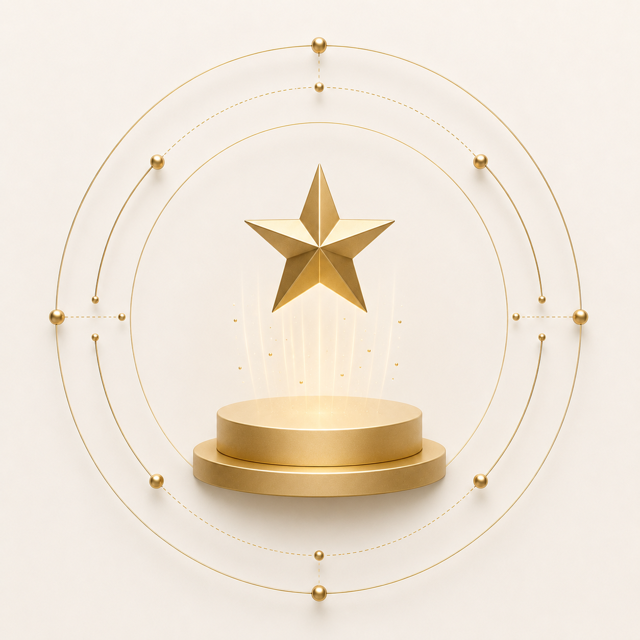A golden star sculpture floating above a circular podium, surrounded by orbit-like rings with small golden spheres on a cream background.
