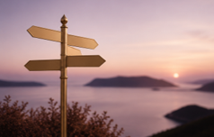 A wooden signpost with multiple directional signs against a sunset over water and distant mountains.