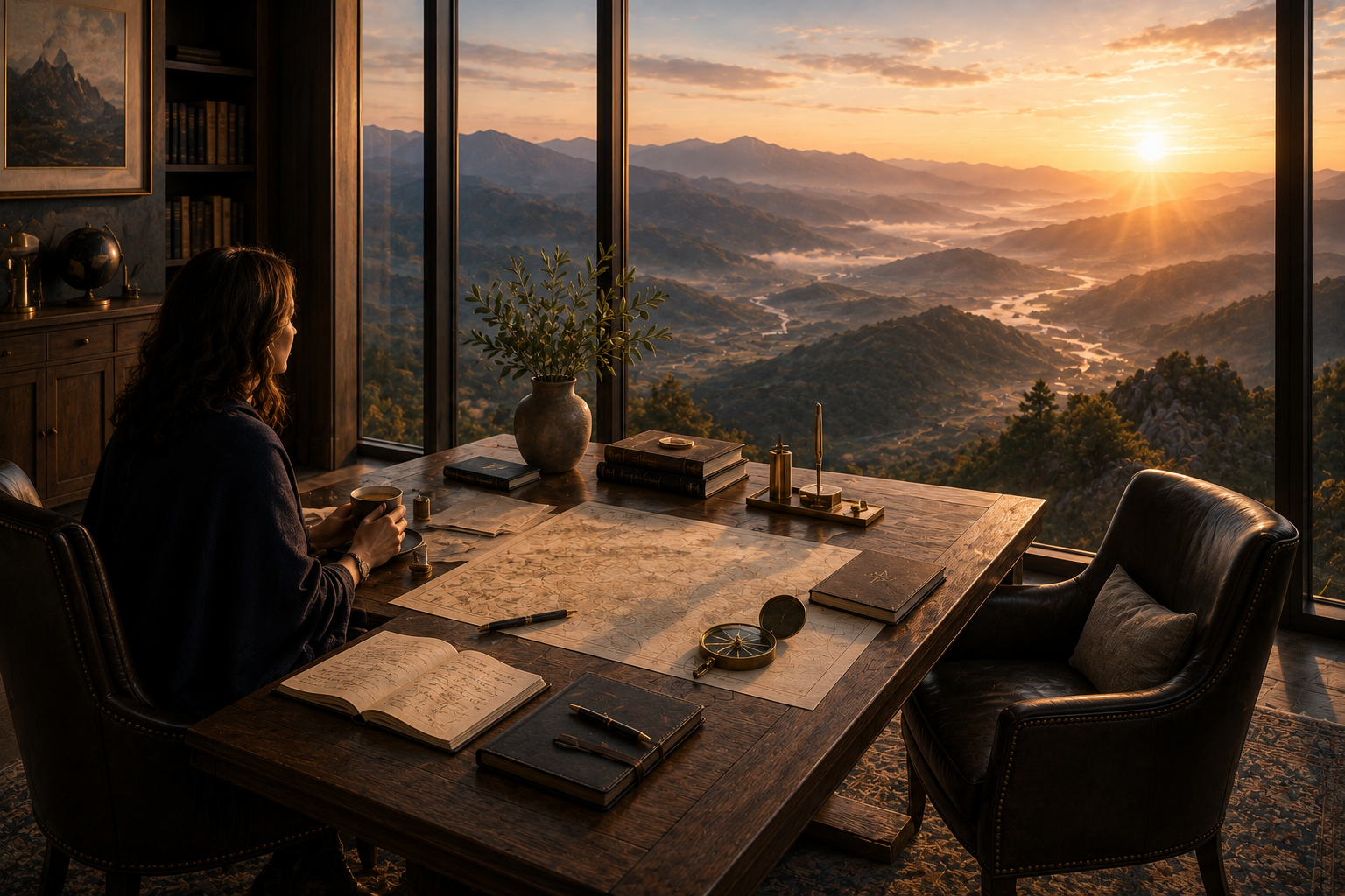 Woman sitting at a large wooden desk with a map, books, and writing accessories, gazing out a panoramic window at a sunrise over a mountainous landscape.