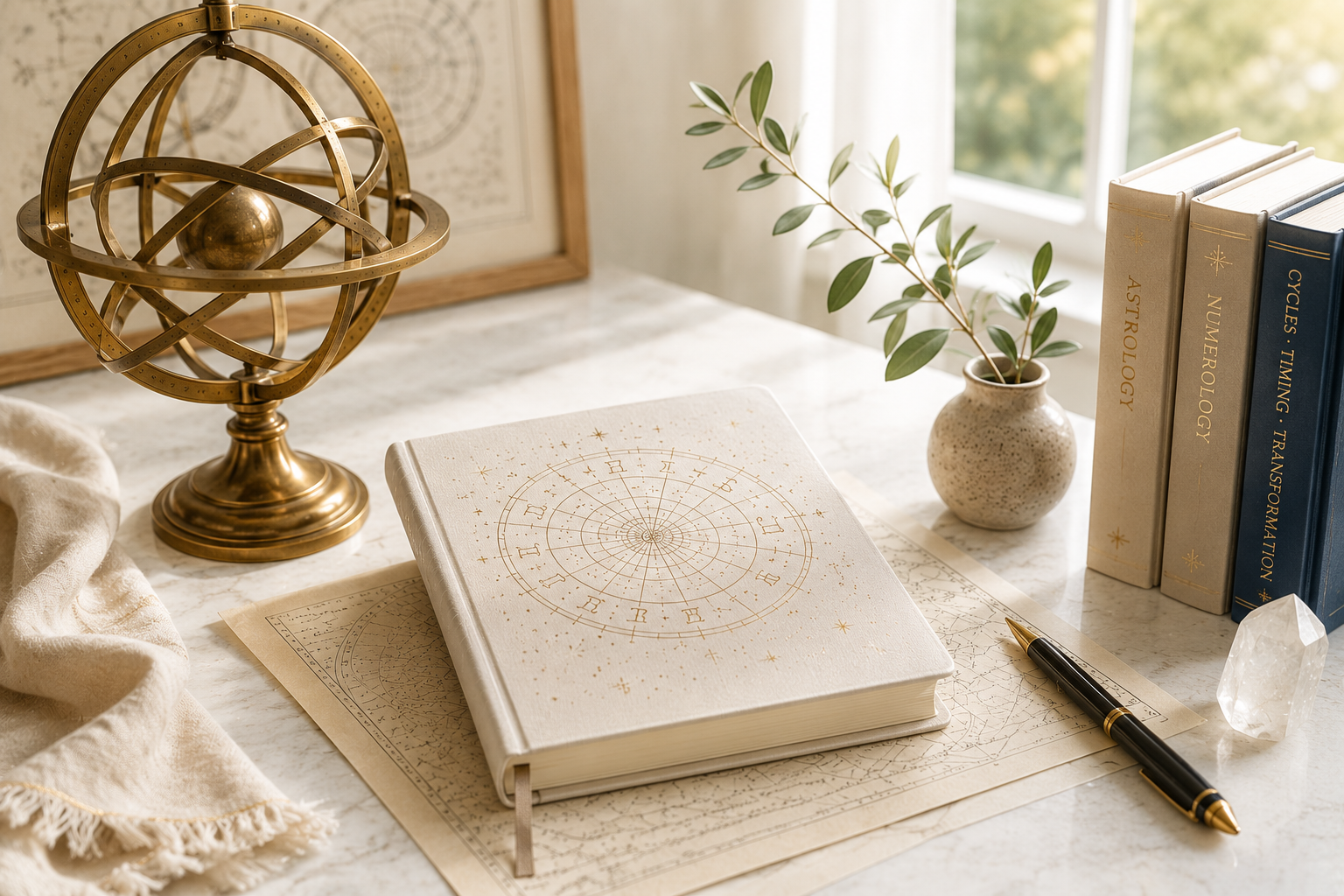 Decorative desk with astrology books, a globe, a pen, and a quartz crystal, with a vase and plant near a window.