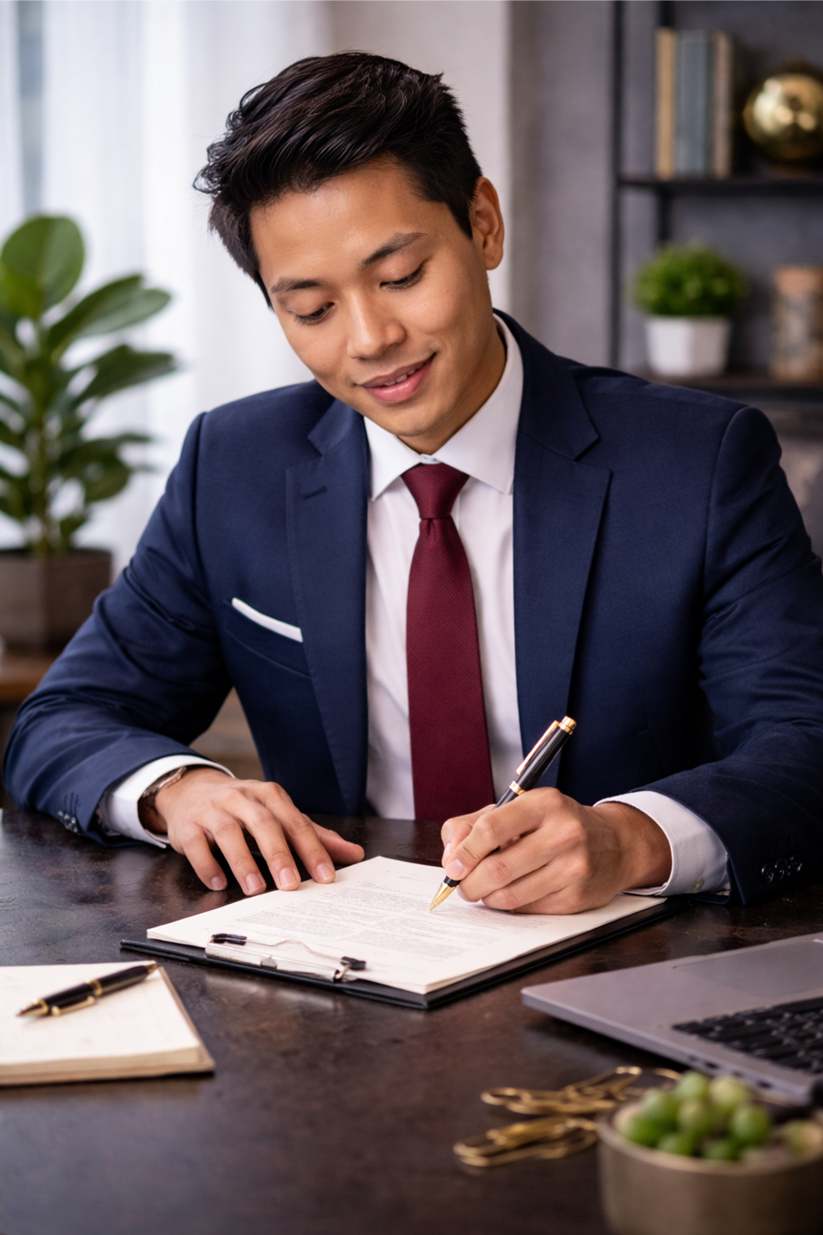 A young man in a navy suit and maroon tie sitting at a desk, signing a document with a pen, in a modern office setting.