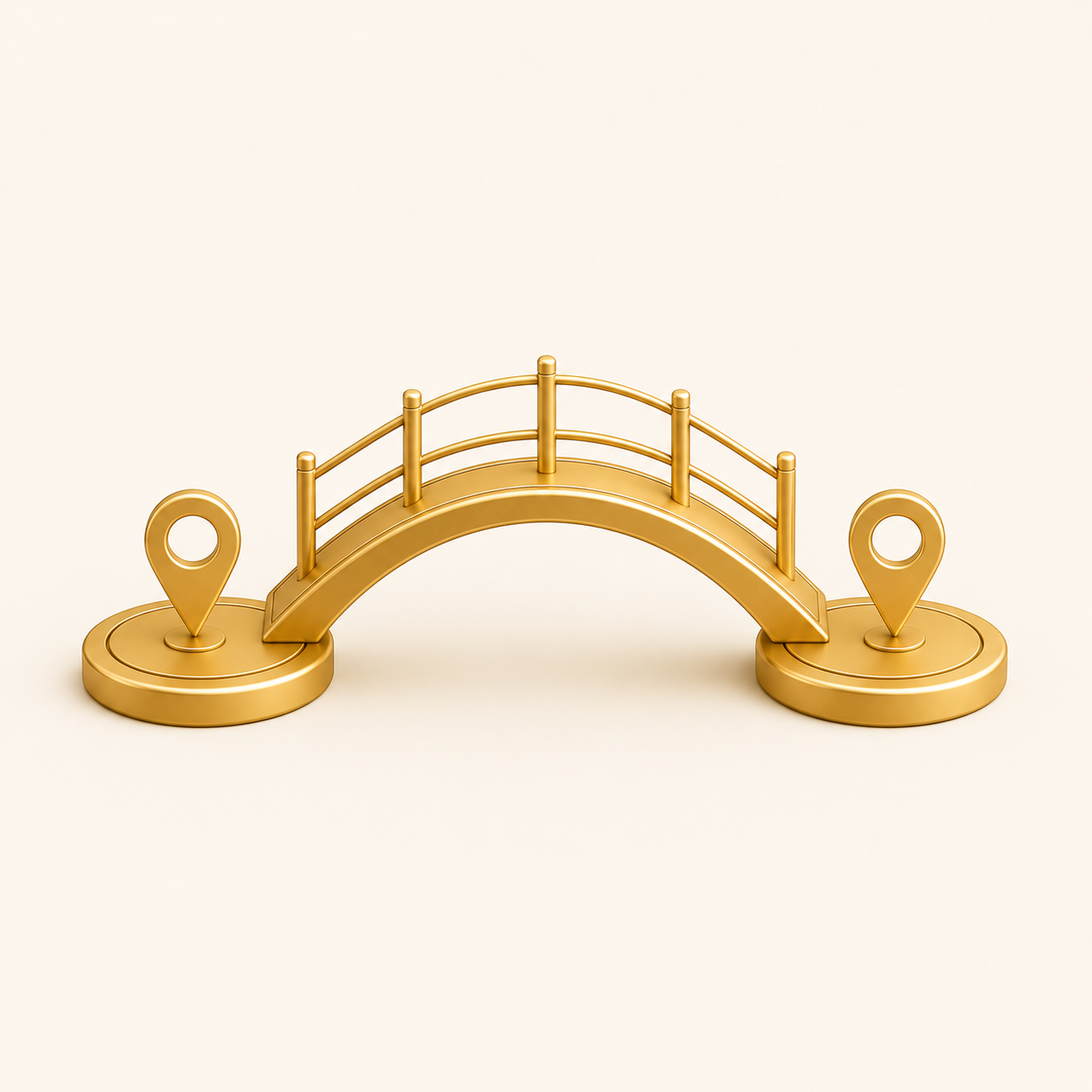 Gold miniature bridge with two location pins, representing connecting two places.