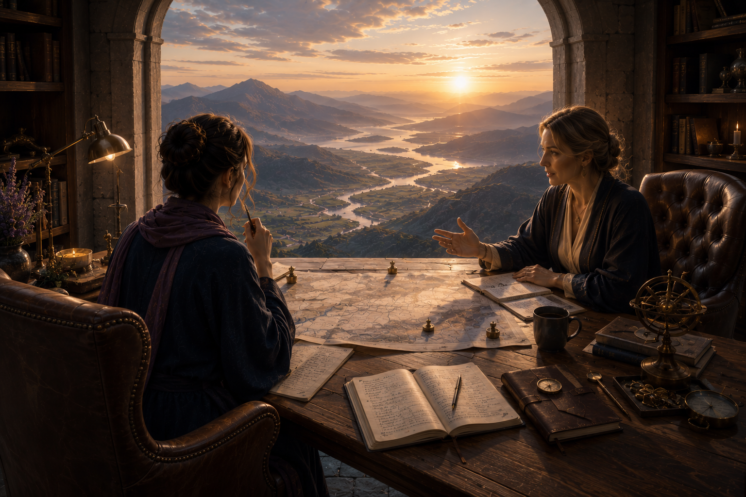 Two women sitting at a large wooden table in an ornate room with a window view of mountains and a river at sunset. They are engaged in discussion, with papers, books, and scientific instruments on the table.