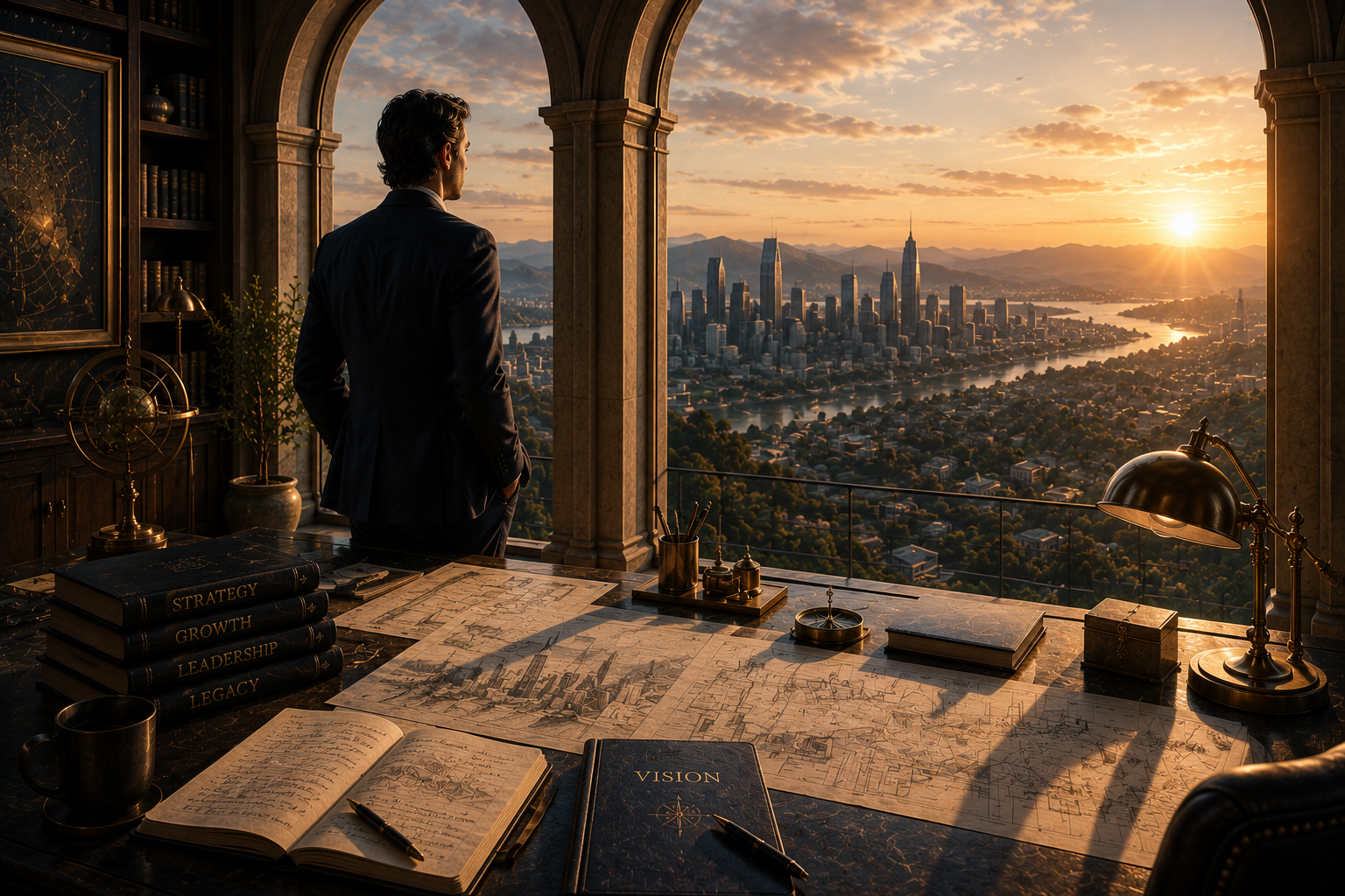 A man in a suit stands in an office, looking out at a city skyline during sunset through large arched windows. The office desk is cluttered with books labeled 'Strategy', 'Growth', 'Leadership', 'Legacy', a detailed city map, notebooks, and a pen. The room has dark wooden furniture, a golden desk lamp, and decorative objects, with a view of a city with tall skyscrapers, a river, and mountains in the distance.