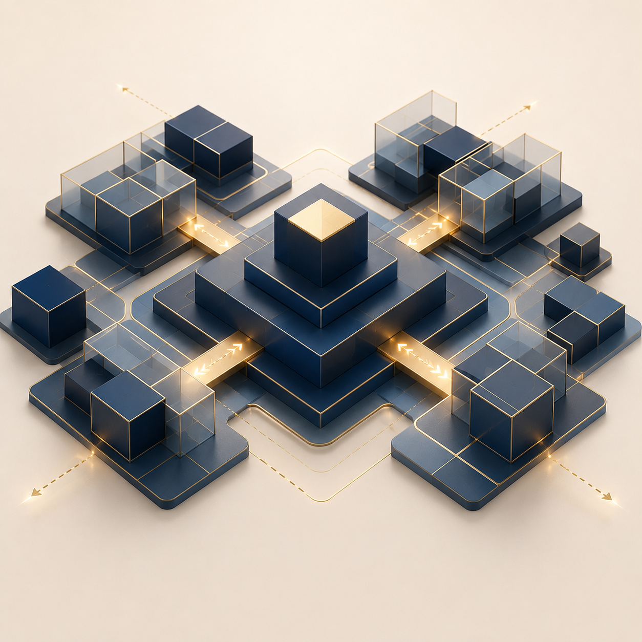 A digital illustration of a futuristic, multi-layered tech infrastructure with interconnected dark blue cubes, transparent glass structures, and glowing golden pathways with arrow indicators.