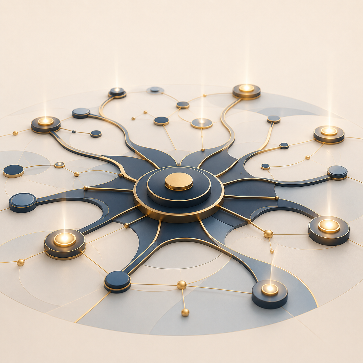 A digital illustration of a futuristic, interconnected network or circuit board with gold and black elements and glowing nodes on a light background.