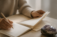 Person writing in a notebook with a pen, sitting at a table with a second open notebook and a crumpled piece of paper nearby.