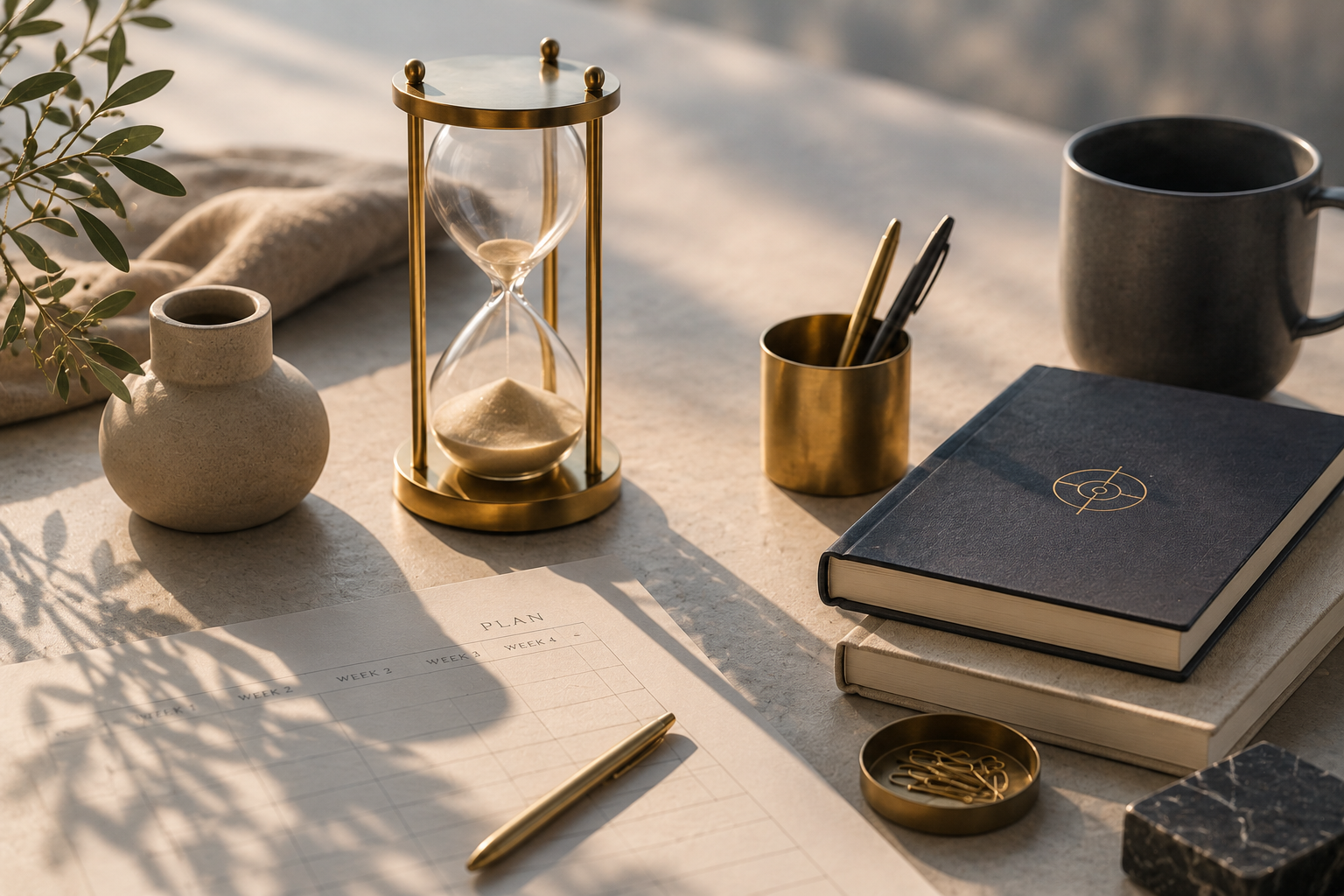 A workspace with notebooks, pens, a mug, an hourglass, decorative vases, a planner, and stationary items on a light-colored surface in natural sunlight.