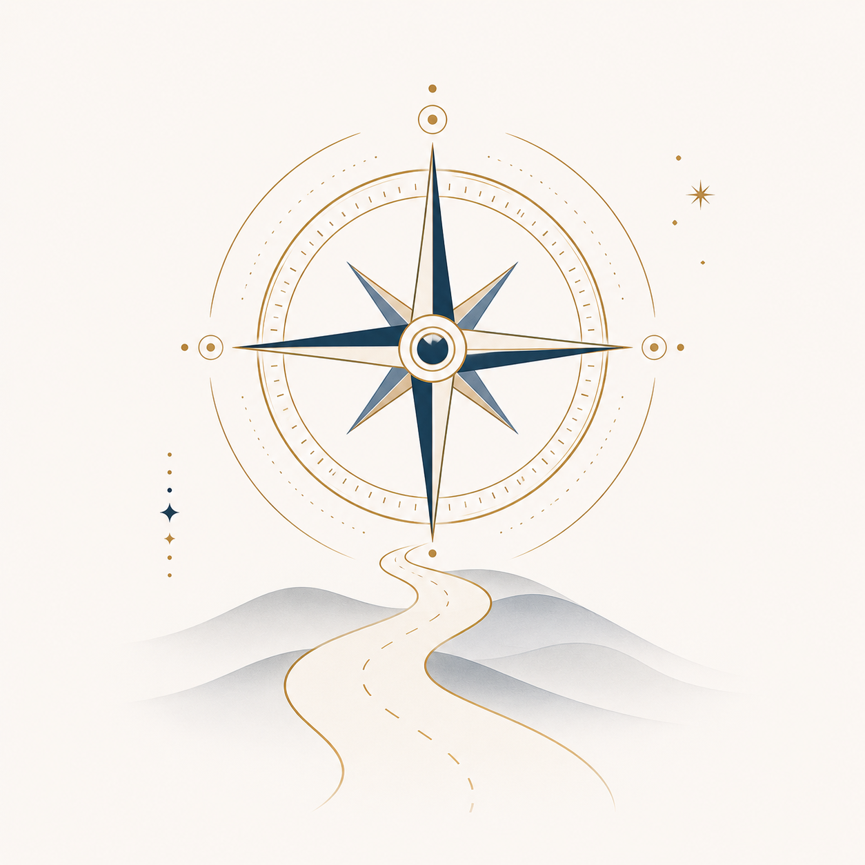 A stylized compass with a winding road leading towards mountains and celestial stars in the background.
