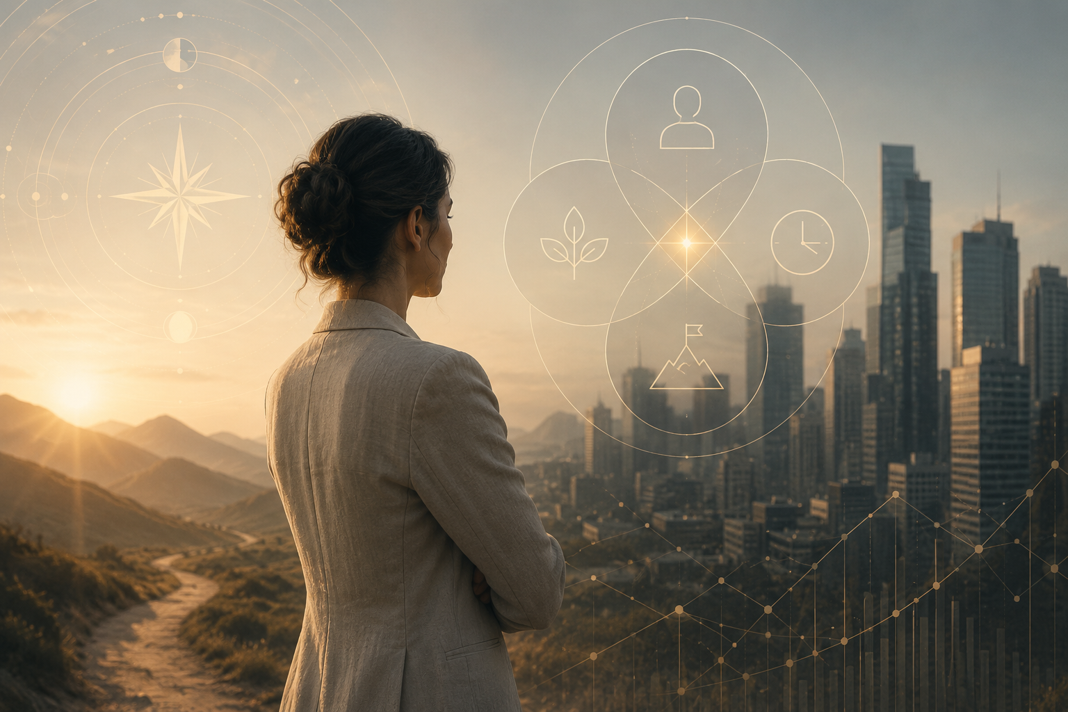 Woman in business attire standing outdoors during sunset, overlooking a city skyline with digital icons and graphs overlayed.