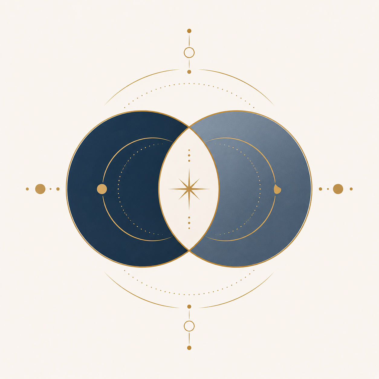 A modern, geometric design featuring overlapping dark blue and gray circles with gold accents, dotted lines, and a central star shape, set against a cream background.