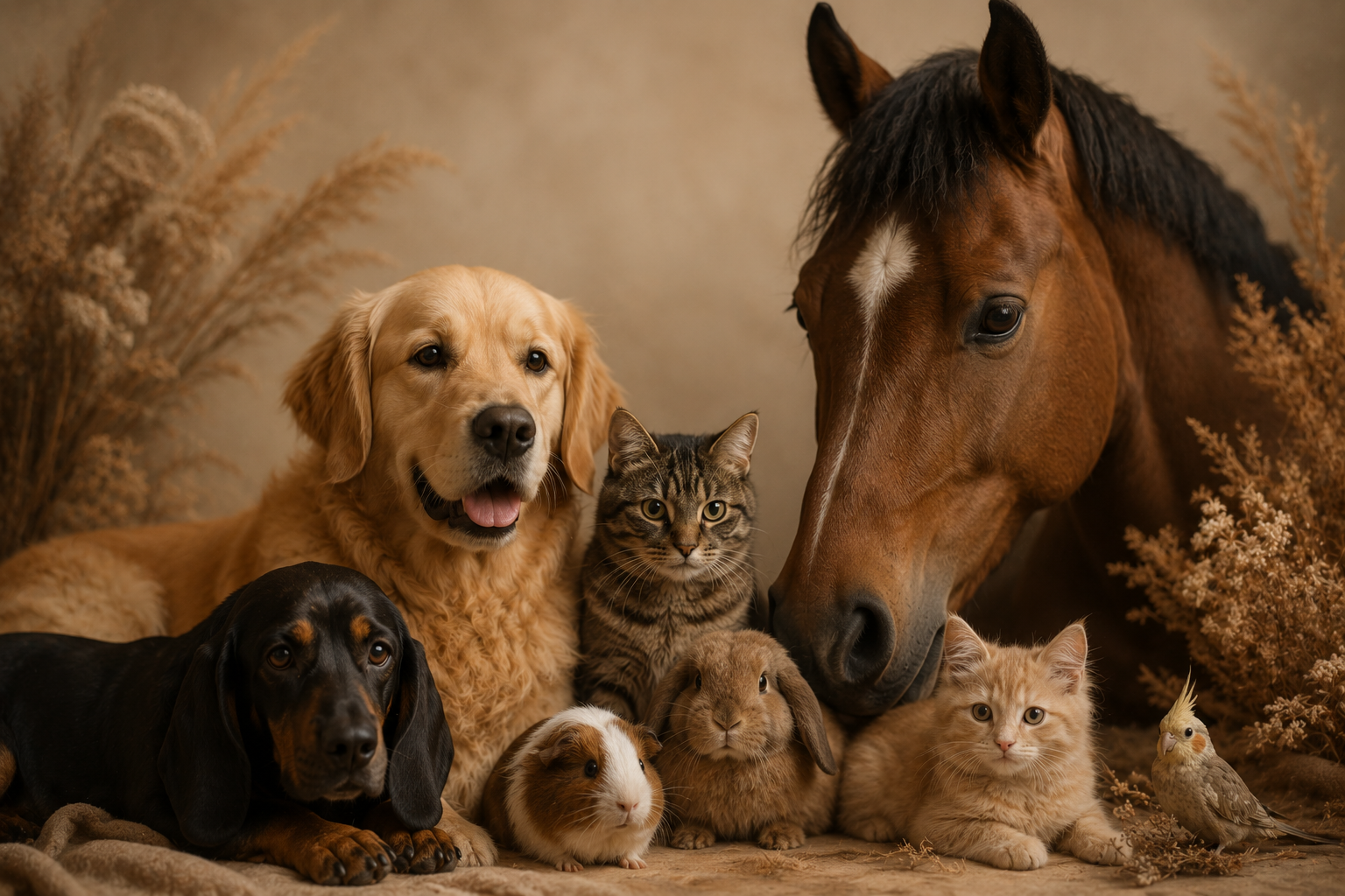 Photo of a group of pets including a golden retriever, a tabby cat, a black and tan dachshund, a brown rabbit, a ginger cat, a light brown guinea pig, a cockatiel bird, and a horse, all gathered together on a soft surface with a warm, earthy background.