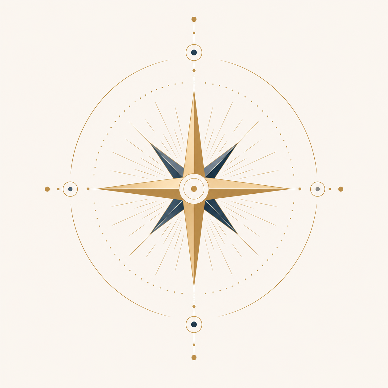 A decorative compass rose with gold and dark blue accents on a light background.