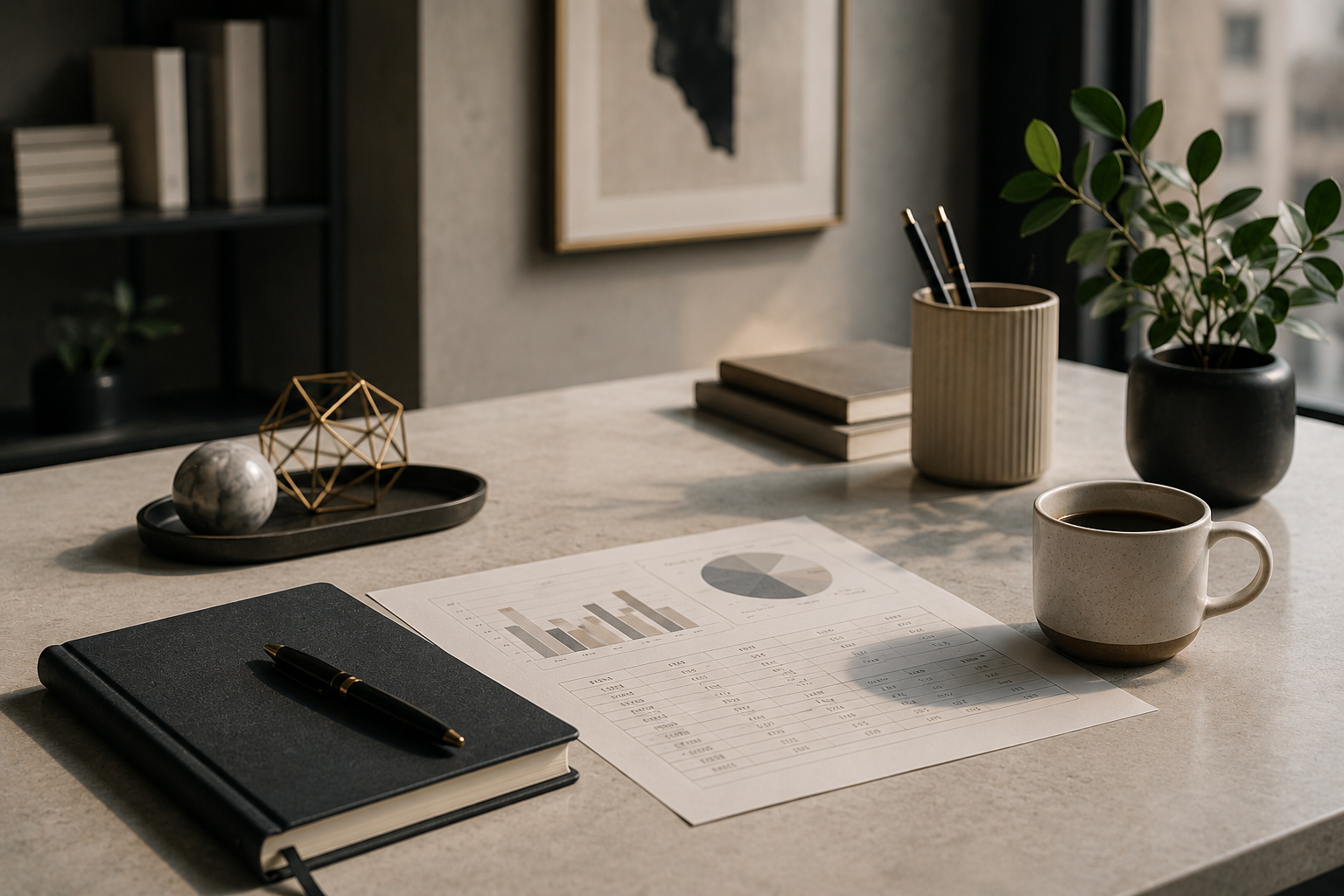 A tidy office desk with a closed notebook, pen, printed financial charts and tables, a cup of coffee, and decorative items including a marble sphere and a geometric metal sculpture, with a potted plant and books in the background.