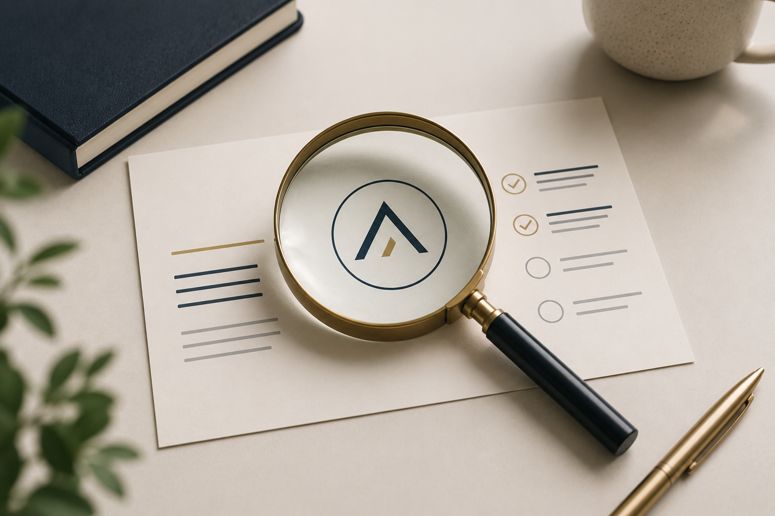 Magnifying glass with a logo on its bottom, placed over a checklist on a desk with a pen, a book, a mug, and some greenery.