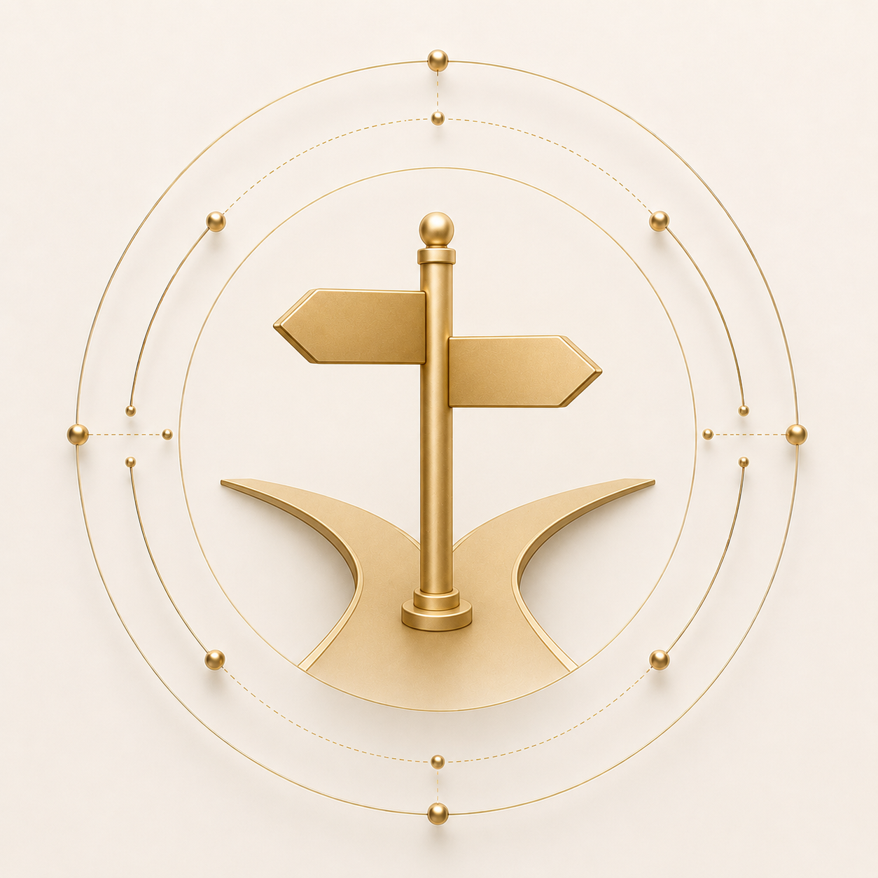 A decorative clock with gold elements featuring a signpost with arrows pointing left and right, and a butterfly shape at the base.