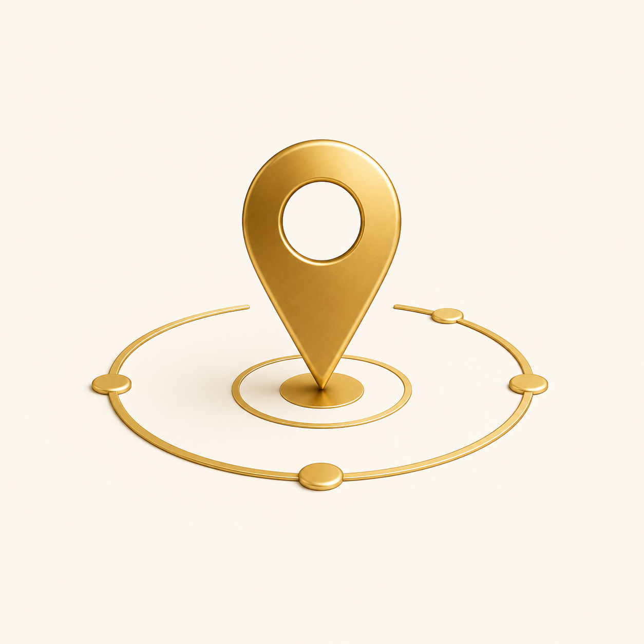 A gold 3D map location pin icon on a beige background, surrounded by a golden target circle with smaller circles connected by lines, resembling a target or location marker.