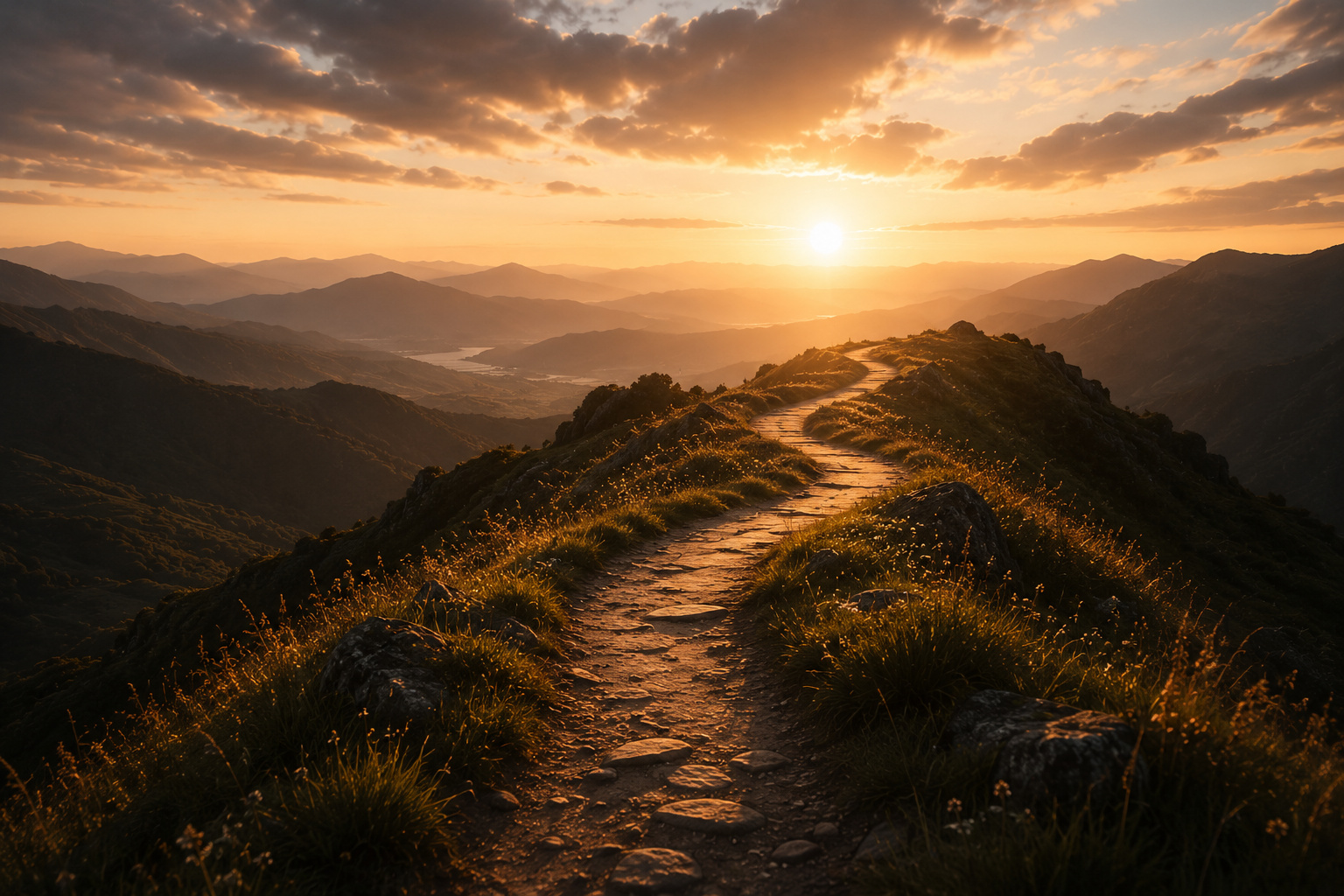 A winding dirt trail running along a mountain ridge during sunset, with mountains and valleys in the distance under a partly cloudy sky.