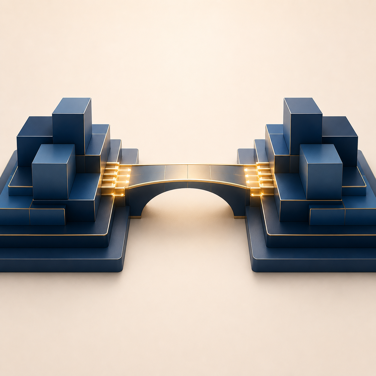 A 3D conceptual illustration of data connectivity and network infrastructure, featuring two symmetrical blue server stacks connected by a glowing illuminated bridge.