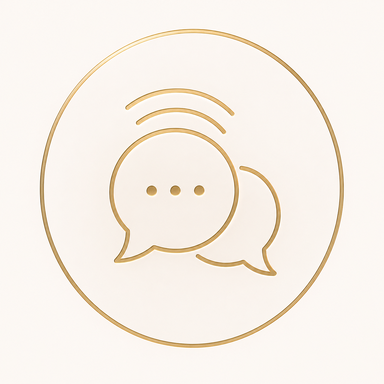 Gold outline of a speech bubble with three dots inside, surrounded by a Wi-Fi signal icon, on a white background.