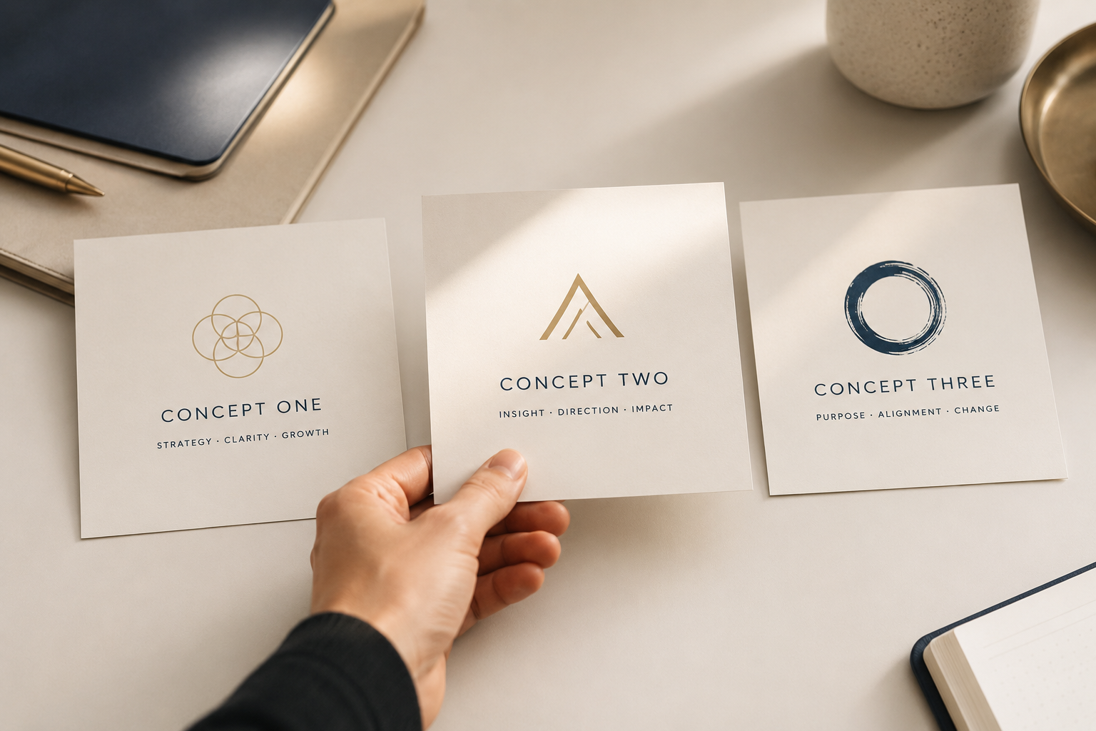 A hand holding a card labeled 'Concept Two' with a gold triangular icon, surrounded by two other concept cards on a white desk, with notebooks and a pen nearby.