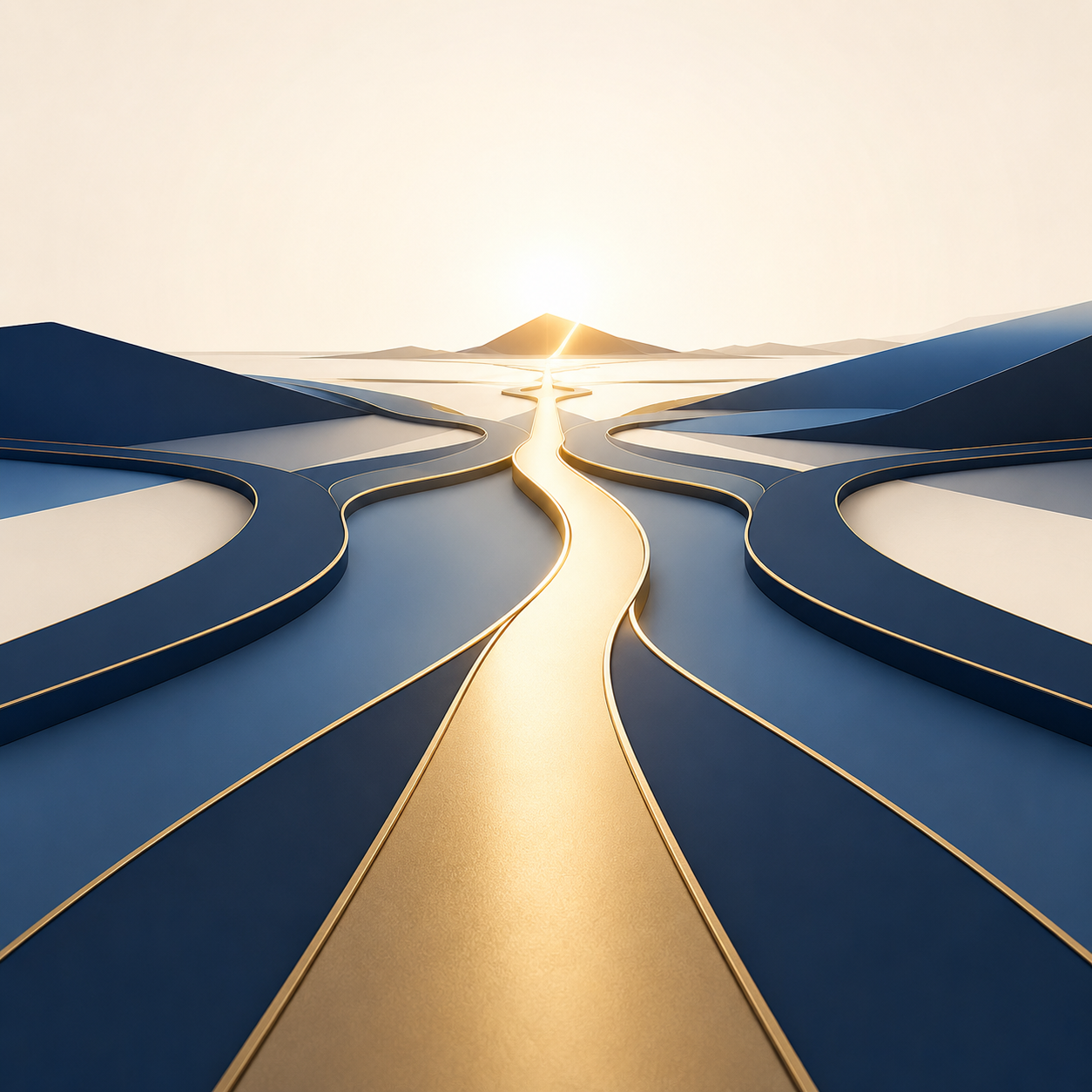 A futuristic cityscape with winding roads and a glowing horizon at sunset.