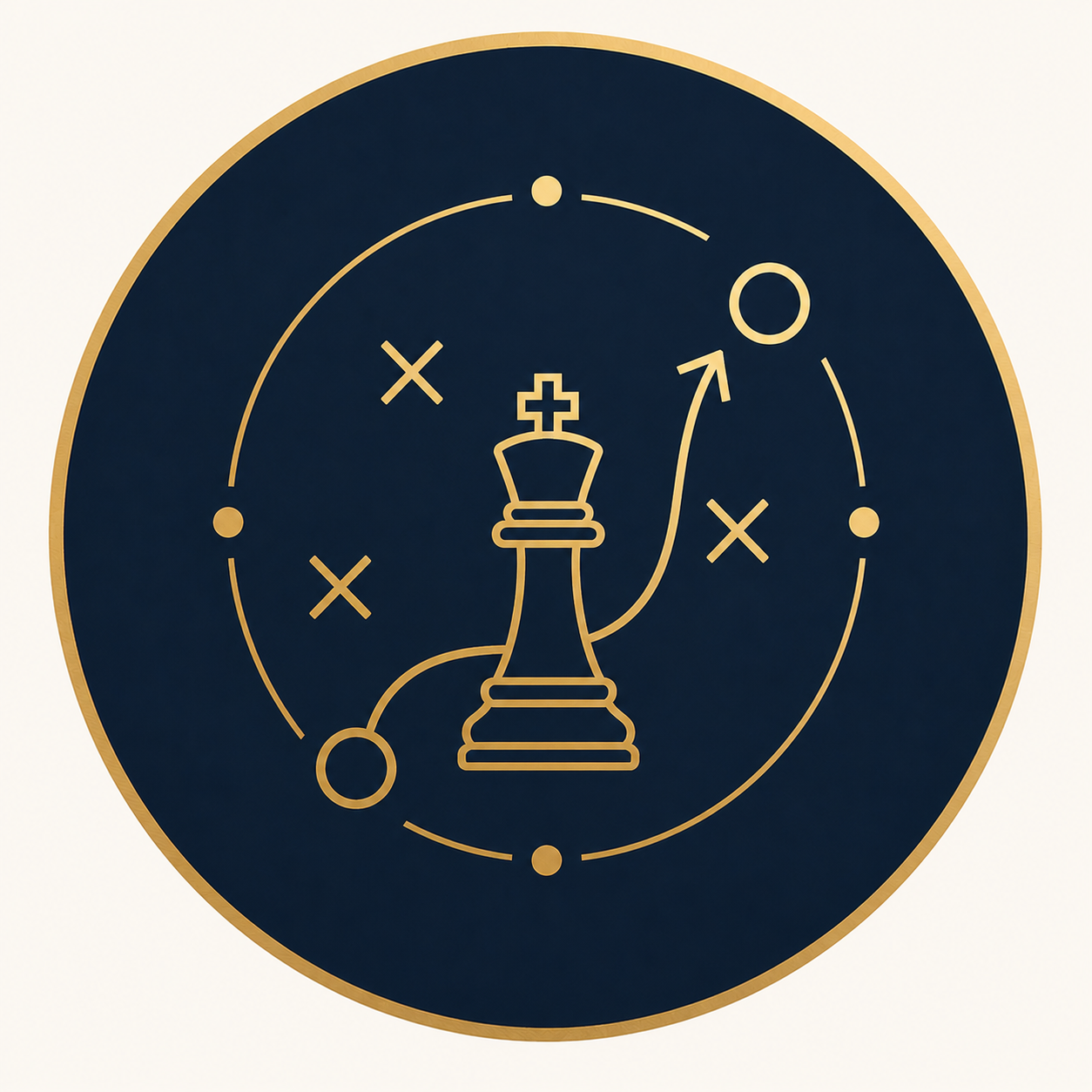 A circular diagram with a navy blue background and gold outline, featuring a gold chess king piece at the center, surrounded by tactical lines, X's, O's, and arrows, resembling a strategic game plan.