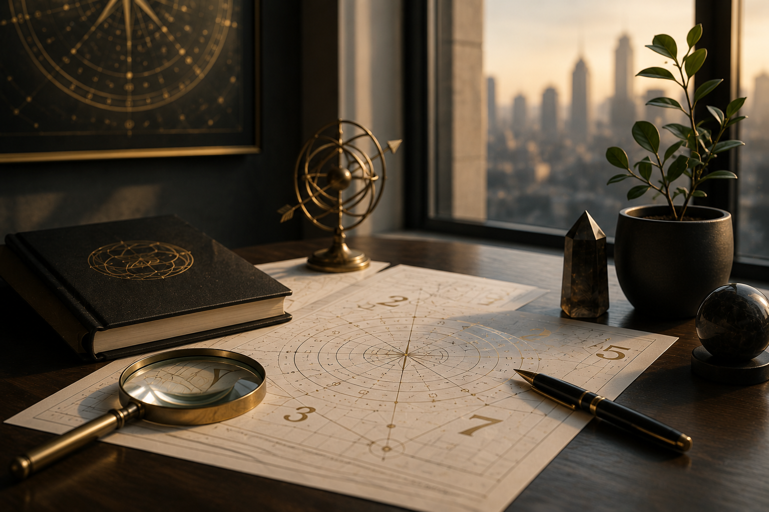 A desk with celestial-themed objects, including a constellation chart, a magnifying glass, an armillary sphere, a crystal, a black pen, and a potted plant, near a window with a city skyline view at sunset.